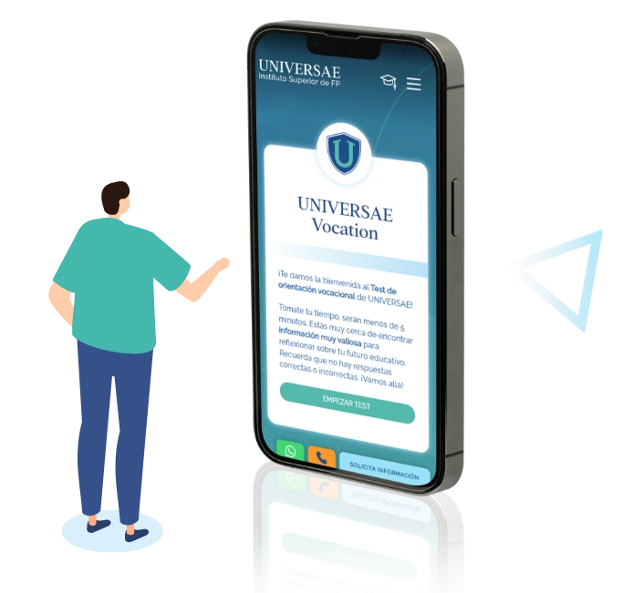 Ilustración de una persona viendo en una pantalla de móvil el Test Vocacional de UNIVERSAE